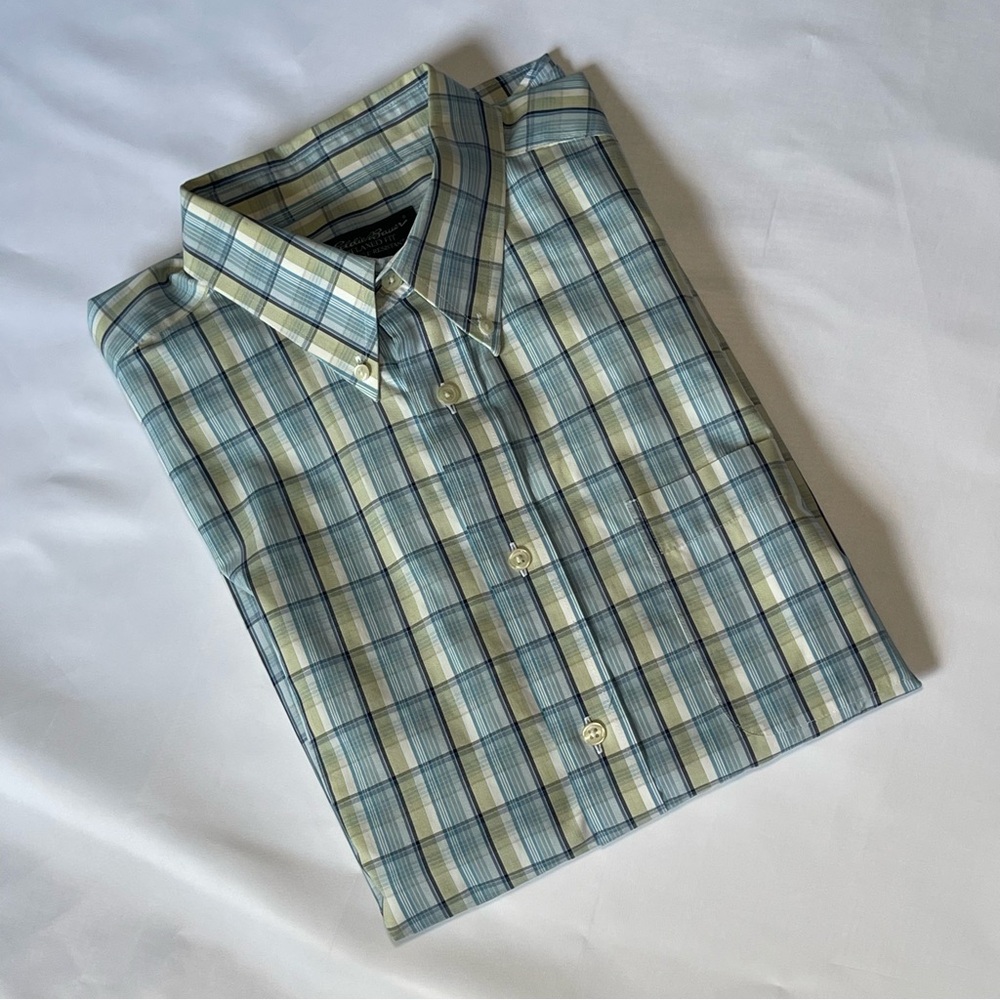Eddie Bauer Relaxed Fit Blue White Green Checkered Long Sleeve Dress Shirt Sz L